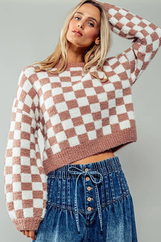 Cosmic Checkered Cropped Sweater Camel