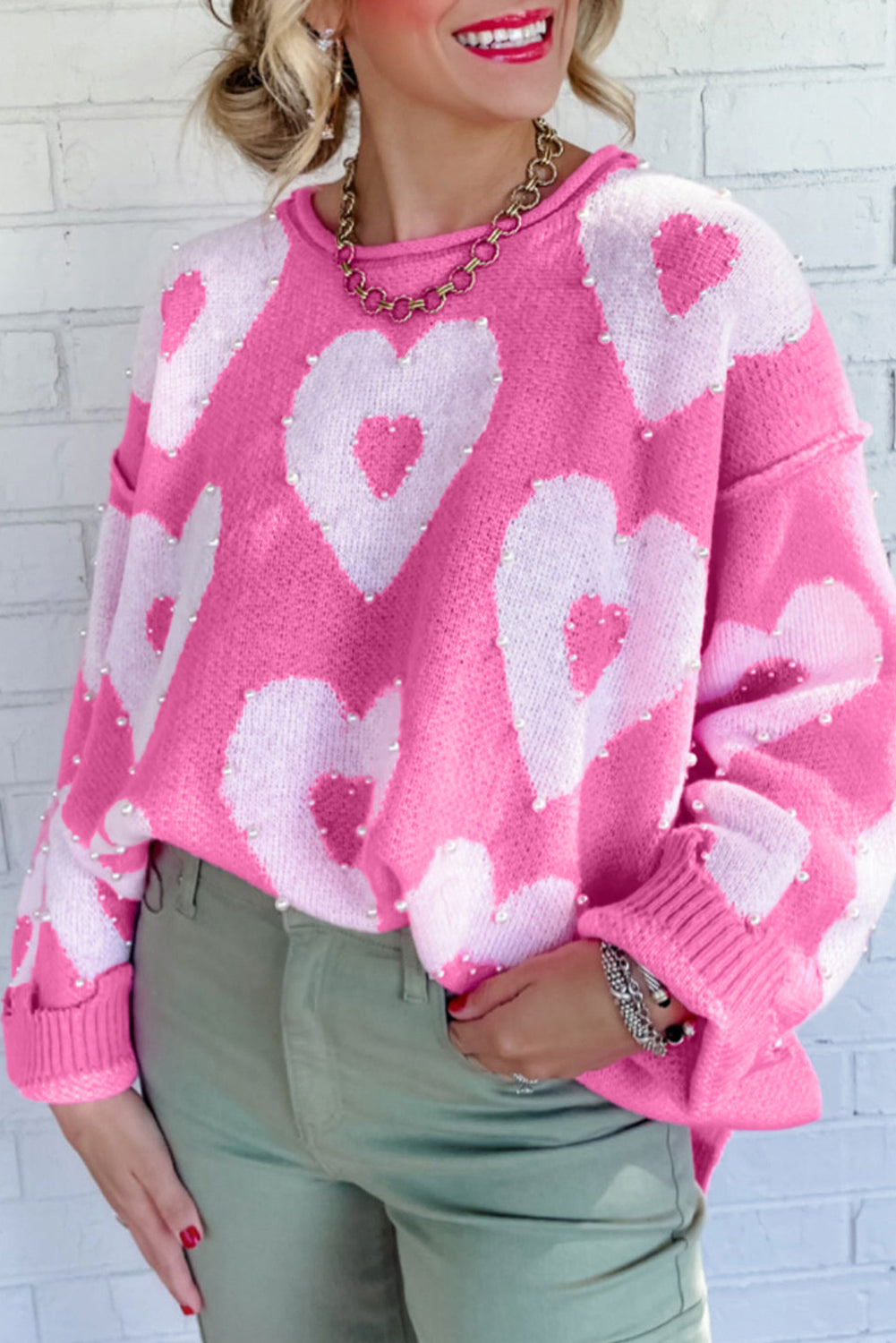 Pink Heart with Pearl Sweater