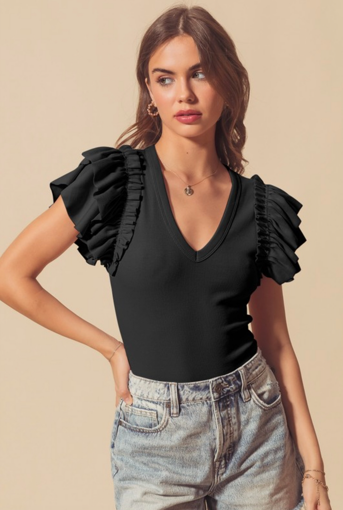 Ruffle Shoulder Bodysuit - Black