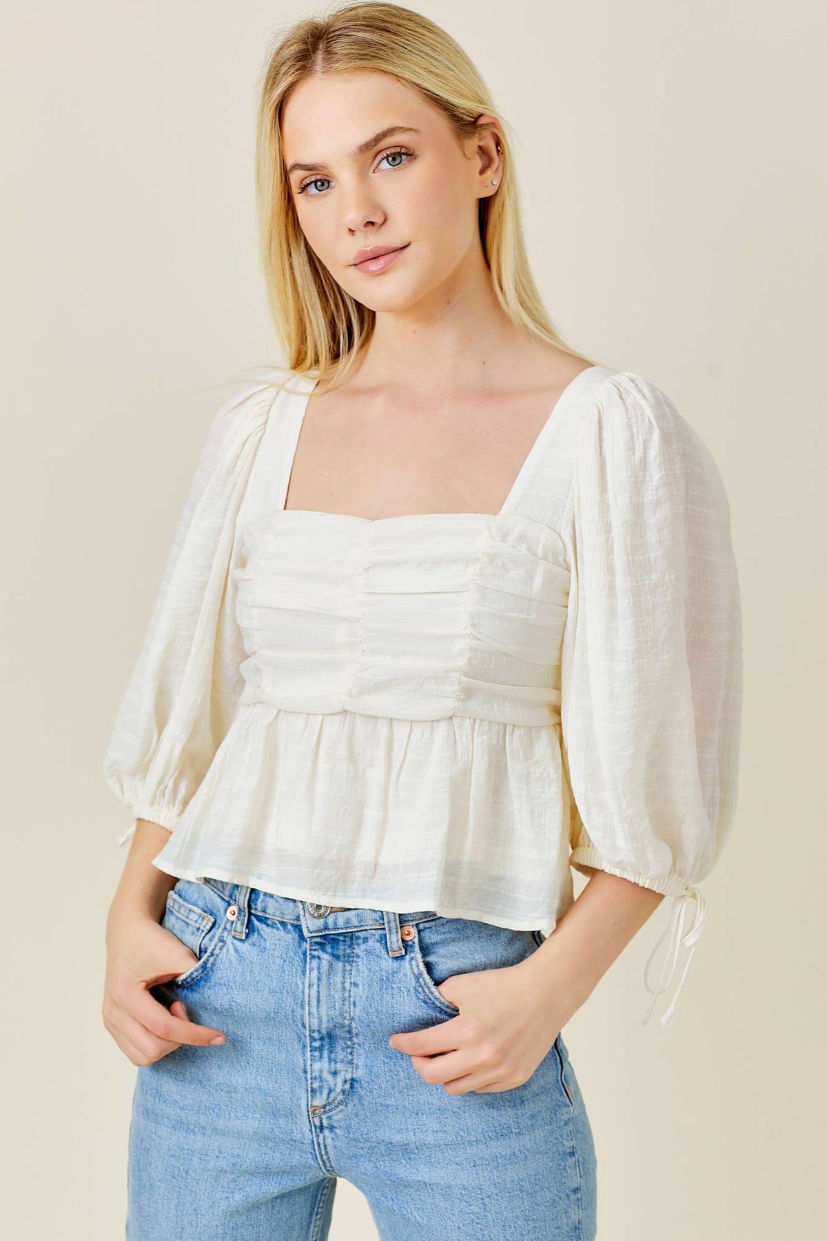 RUCHED FRONT LACE UP BACK TOP