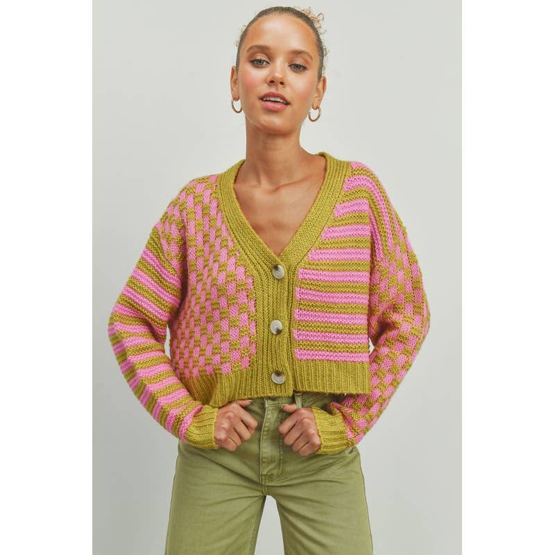 Knit Cardigan Olive/Pink