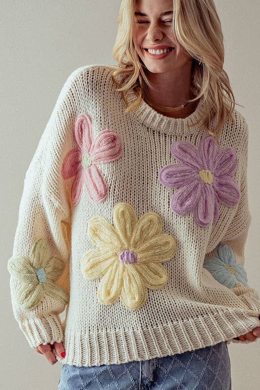 EMBROIDERED DAISY FLORAL OVERSIZED SWEATER