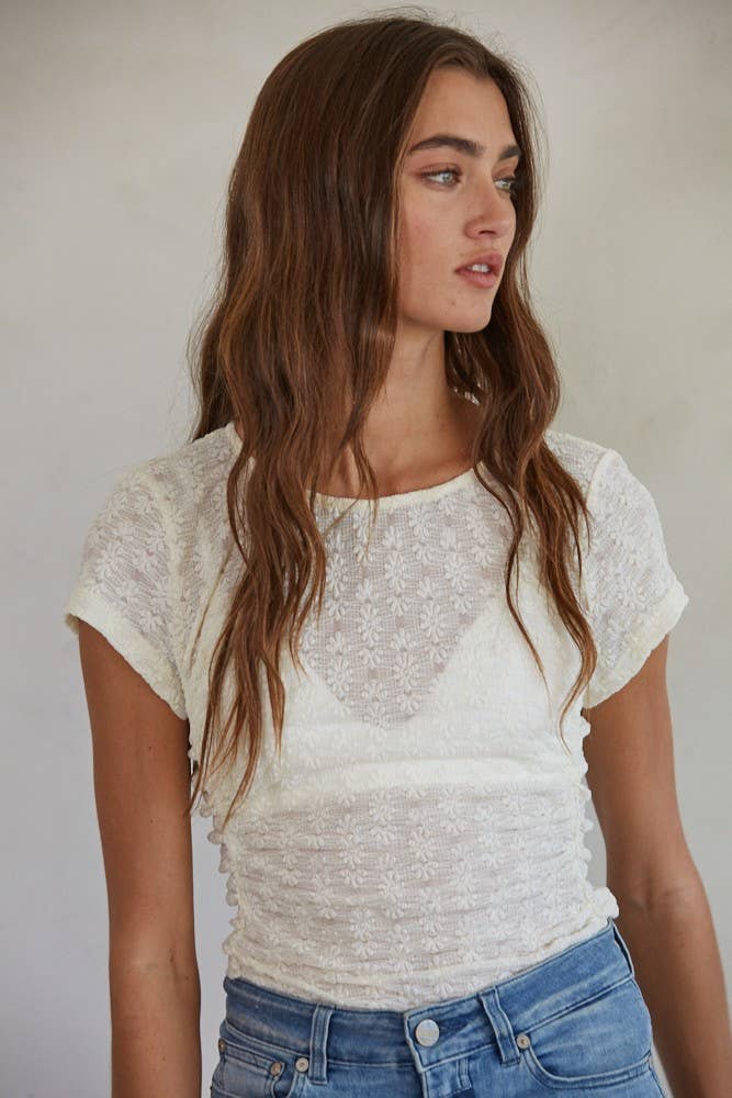 Floral Lace Side Ruched Detail Short Sleeve Top Cream