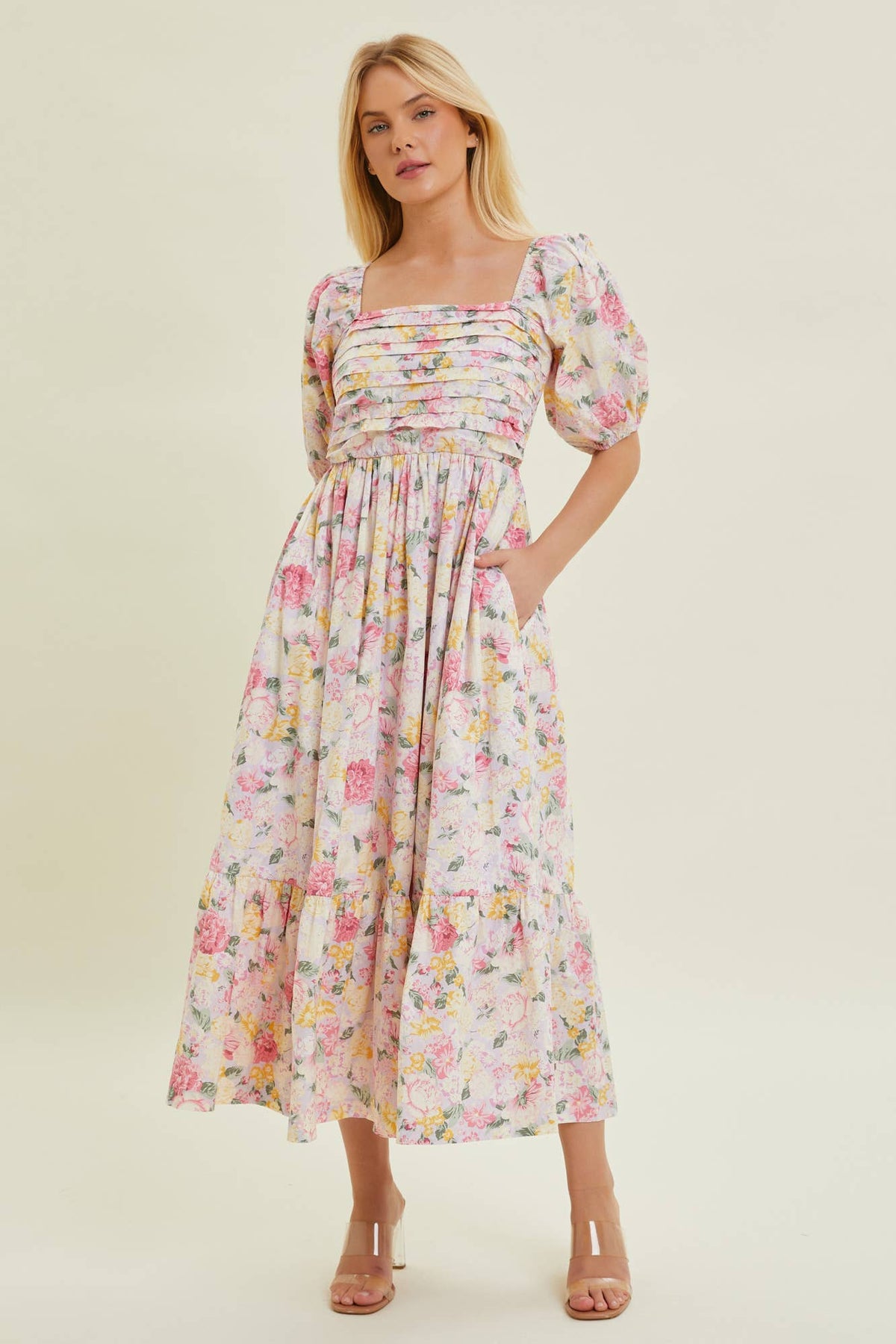 Pleated Bodice Floral Dress